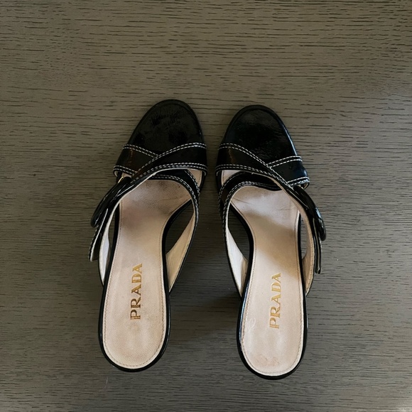 PRADA | Luxury Black Leather White Stitch Criss-Cross Buckle Heel | Size 37.5 - Picture 3 of 10